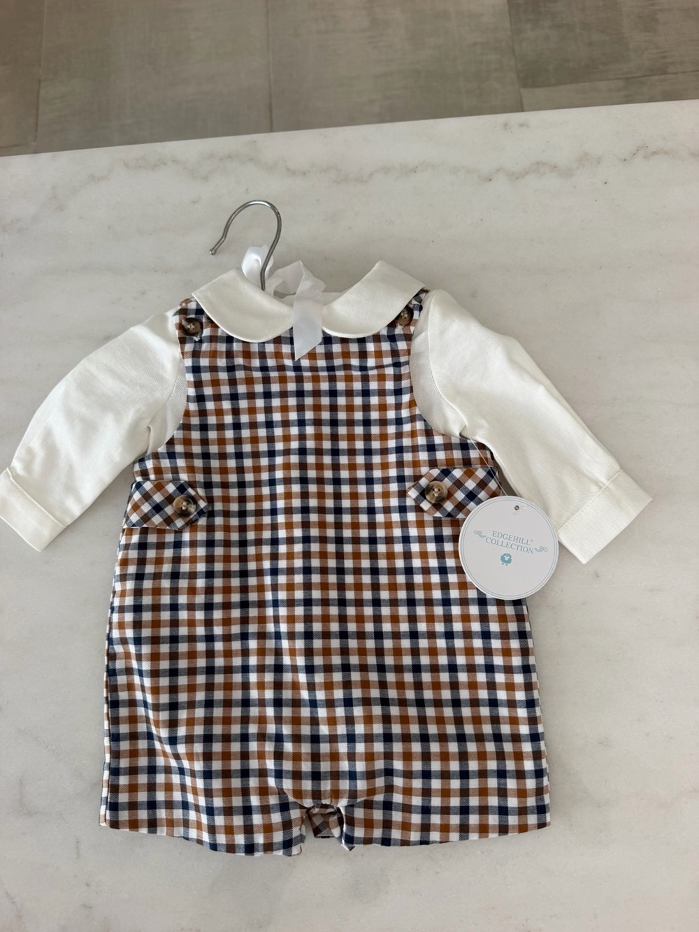 Edgehill Collection Brown, Navy & White Checked Baby Romper